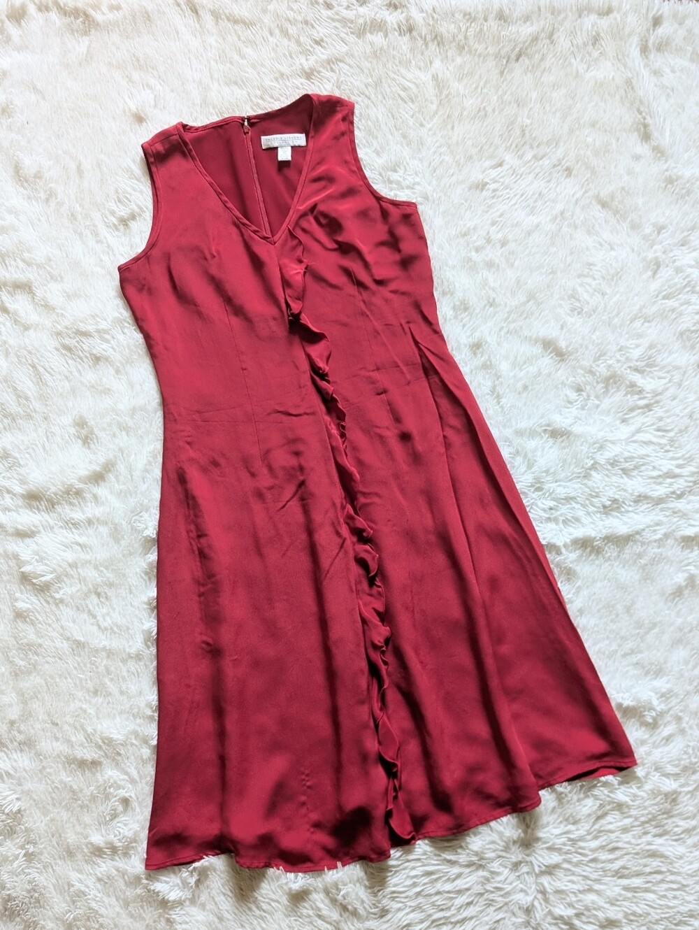 Vintage Valerie Stevens 100% Silk Red V Neck Ruffle A Line Midi Dress 10
